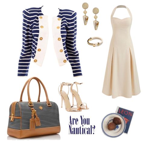 Nautical Fashion Women, Outfit Ideas For Office, Gold Sandals Heels, Nautical Chic, Backless Midi Dress, Nautical Looks, Sandal Heels, Nautical Fashion, Gold Sandals