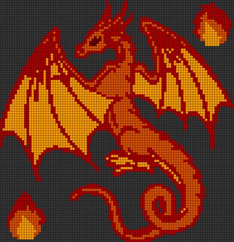 Dragon Pillow Crochet Pattern, Fire Grid Pattern, Fire Cross Stitch Pattern, Dragon Grid Pattern, Dragon Tapestry Crochet, Perler Bead Dragon Pattern, Dragon Alpha Pattern, Dragon Perler Bead Patterns, Dragon Pixel Art