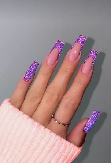 Purple Glitter Tip Nails, Purple French Nail Designs, Purple Nail Designs Prom, Purple Nail Designs With Glitter, Prom Purple Nails, Purple Ballerina Nails, Purple Nails Designs Glitter, French Tip Acrylic Nails Glitter, Purple Glitter Nails Acrylic