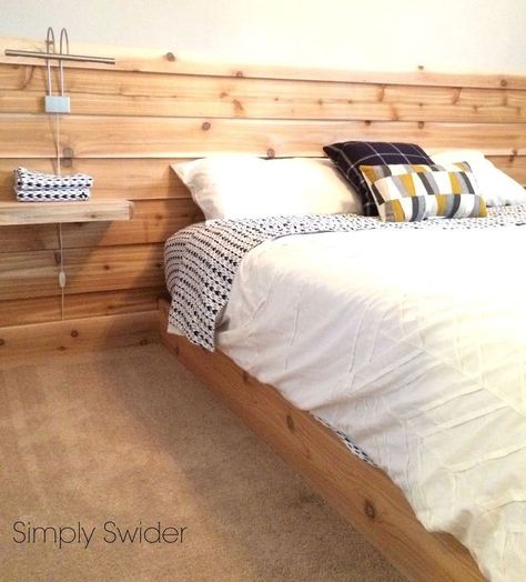 cedar planked headboard wall, bedroom ideas, diy, wall decor, woodworking projects Plank Walls Bedroom, Plank Bed Frame, Plank Wall Bedroom, Bedroom No Headboard, Cedar Headboard, Bedroom Headboard Ideas, Plank Bed, Plank Headboard, Sleeping On The Floor