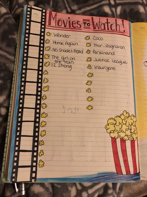 RLR #journal “Movies to Watch” Movie Journal Prompts, Movies Watched Journal, Movies To Watch Journal Page, Journal Movies To Watch, Diary Movie, Journaling Tips, Journal Lettering, Creating A Bullet Journal, Bollywood Posters