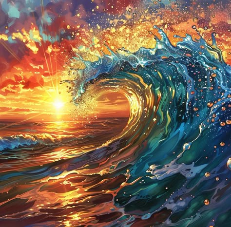 Ocean Waves Drawing, Ocean Art Ideas, Beach Reference, Sunset On Water, Ocean Wave Drawing, Sunset Drawing, Ocean Art Painting, Ocean Paintings, Waves Painting