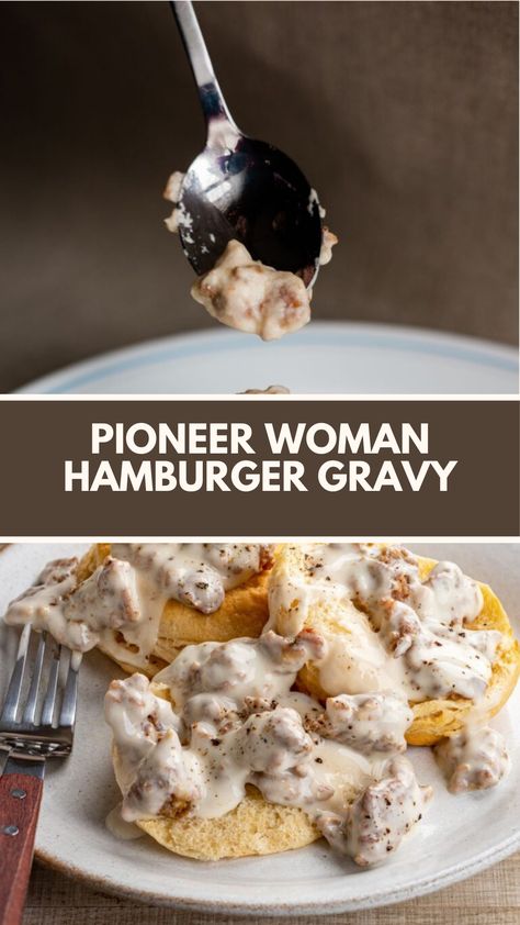 Pioneer Woman’s Hamburger Gravy is made with only four ingredients ground beef, flour, milk, and seasonings, takes just 20 minutes to prepare and is perfect for a full meal dinner. Hamburger In Gravy Recipes, Pioneer Woman Ground Beef And Gravy Over Mashed Potatoes, Hamburger And Gravy, Hamburger Gravy On Toast, Ground Beef Comfort Food Recipes, Easy Hamburger Meat Recipes, Ground Beef Gravy, Sos Recipe Ground Beef, Ground Beef And Gravy