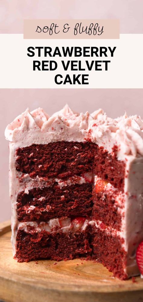 This strawberry red velvet cake has an ultra-moist and velvety texture! It has tangy strawberry cream cheese frosting and is filled with real chopped strawberries. It's a pretty pink cake that is perfect served for Valentine's Day, at birthday parties, or at any special event. Red Velvet Cake With Strawberry Filling, Fillings For Red Velvet Cake, Light And Fluffy Chocolate Cake, Strawberry Cream Cheese Frosting Cake, Strawberry Gateau Cake, Chocolate Cake With Strawberry Icing, Red Velvet Cherry Cake, Waldorf Astoria Red Velvet Cake, Strawberry Velvet Cake Recipe