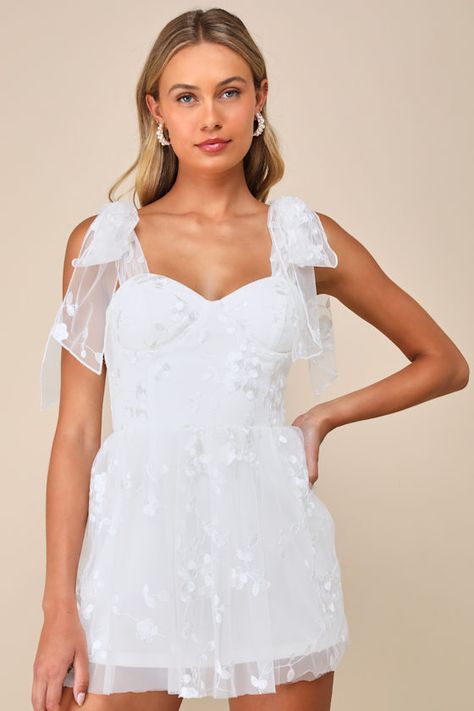 Precious Whimsy White Mesh Embroidered Tie-Strap Skort Romper Cute White Dresses Classy, White Dresses Classy, Sash Shoulder, White Graduation Dresses, Sheer Mini Skirt, Graduation Dress White, Wedding Romper, White Babydoll Dress, Fitted Shorts