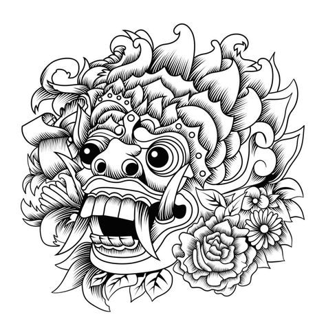 barong balinese mask vector illustration Barong Mask Tattoo, Balinese Mask, Barong Bali, Back Tattoos For Guys, Mask Tattoo, Traditional Tattoo Art, Back Tattoos, Anime Tattoos, Balinese