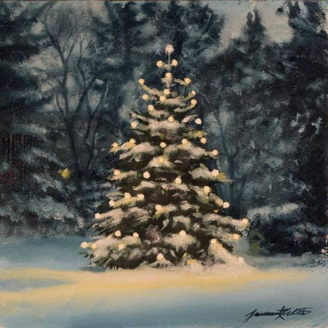 Christmas Tree Oil Painting, Christmas Landscape Painting, Christmas Landscape, Winter Landscape Painting, Dark Christmas, Christmas Tree Art, Painting Snow, Winter Watercolor, Christmas Tree Painting