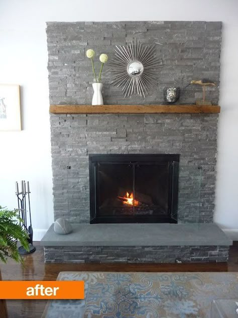 Before & After: Patience's Fairytale Fireplace Makeover   Bluestone on hearth and covered up the brick with stone facade. Beam Mantle, Grey Stone Fireplace, Fireplace Walls, Grey Fireplace, Fireplace Makeovers, Heat Spray, Brick Fireplaces, Painted Brick Fireplace, Painted Brick Fireplaces