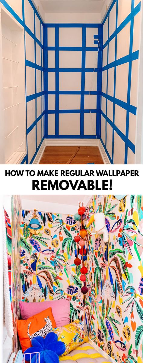 How To Make Regular Wallpaper Removable - easy DIY instructions for you to recreate! Easy Wall Transformation, Diy Removable Wallpaper, How To Apply Wallpaper Diy, Easy Wallpaper Application, Wallpaper Hacks Diy, Cover Walls Without Paint, Wallpaper Diy Ideas, Rental Decorating Hacks, Modern Pattern Wallpaper