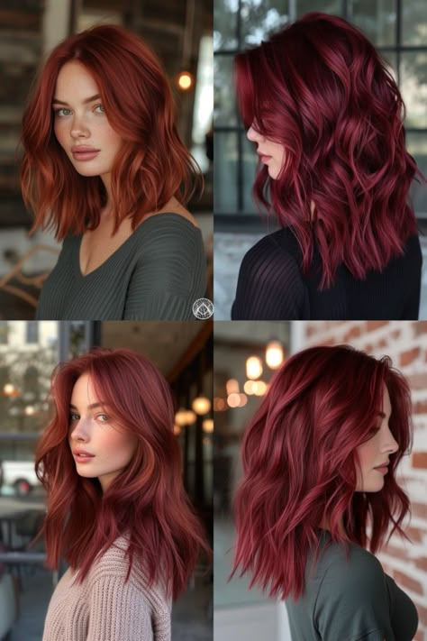 Intense Cherry Red Hair, Cool Tone Hair Color Ideas, Long Bob Red Hair, Red Hair Bob Haircut, Medium Length Red Hair, Brown To Red Hair, Hair Color For Cool Skin Tones, Winter Red Hair, Red Bob Haircut