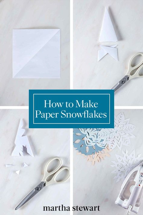 How to Make Paper Snowflakes | A few quick snips with the tips of your scissors is all it takes to make a paper snowflake.  There are countless ways to design them freehand, although you can use one of our printable templates. Cut out a flurry. Then together, the family can decorate a Christmas tree, gifts, windows, and walls.  #christmascrafts #diyholidaydecor #marthastewart How To Make Paper Snowflake Garland, Snowflake Designs Paper, Paper Snowflake Folding, Best Paper Snowflakes, Pretty Paper Snowflakes, How To Cut Out Paper Snowflakes, Snowflake Window Decorations, Snowflake Cut Outs, Snowflake Stencil Cutout