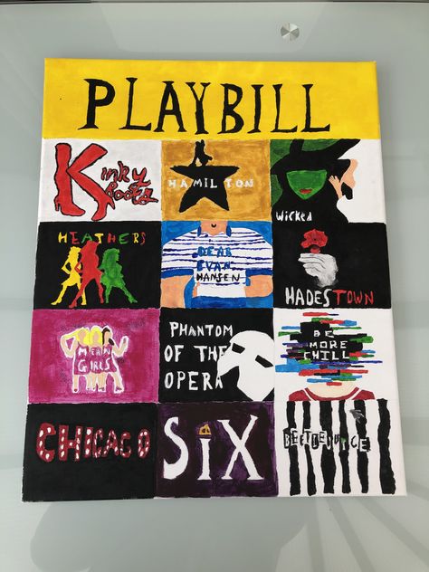 I created a canvas of my favourite musicals, using acrylic paints. Musical Theatre Paintings, Theatre Painting Ideas, Exam Images, Song Painting, Drama Classroom, Artistic Journal, Theatre Diy, Handpainted Tote, Toca Ideas