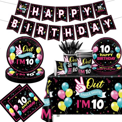 PRICES MAY VARY. 10TH BIRTHDAY DECOR:The 10 birthday decorations for girls dinnerware set includes :1pc"Happy Birthday"banner,1pc happy 10th birthday decorations tablecloth, 20pcs out single digits i'm 10 plates ,20pcs 7inch 10th happy birthday dessert plates,40pcs 10th birthday decorations for girls napkins and 20pcs knives and forks.which can serve 20 guests and meet your double digits birthday decorations girl 10 party .Your party will be full of happy atmosphere with these 10th birthday girl 10 Year Birthday Party Ideas For Girl, 10 Is A Vibe Party, Double Digits Birthday Ideas, 10th Birthday Ideas, Double Digits Birthday, 10th Birthday Girl, Birthday Plates, Birthday Dessert, Girls Party Decorations