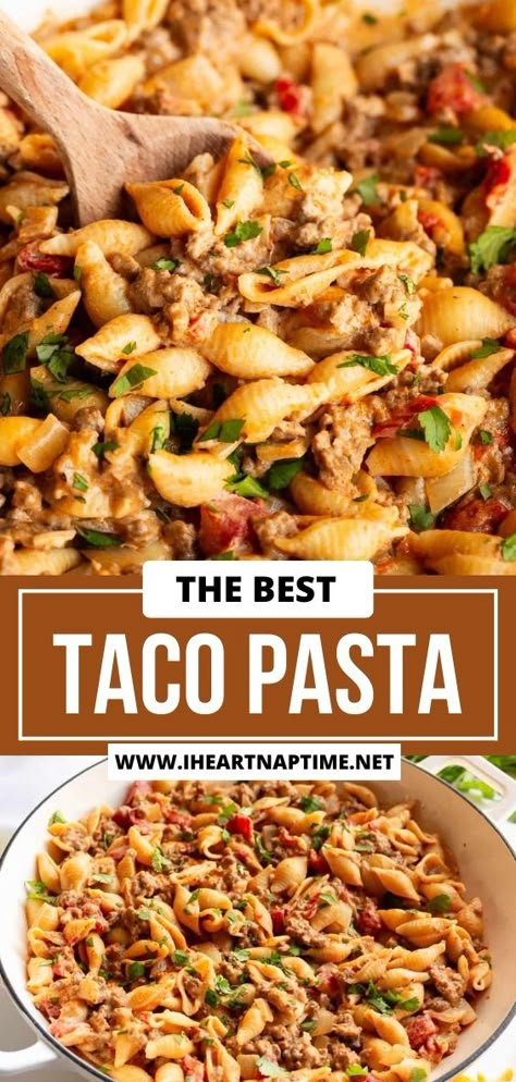 This taco pasta blends the zesty flavors of taco night with the creamy, comforting flavors of a cheesy pasta bake, all in one pot for maximum flavor with minimal fuss. Healthy Taco Pasta Recipes, Pasta Recipes With Ground Turkey, Pasta Taco Bake, Chicken Taco Pasta Casserole, Easy Crockpot Recipes Taco Pasta, High Protein Taco Pasta, Taco Pasta No Cheese, Healthy Mexican Food Recipes, Creamy Ground Beef Taco Pasta