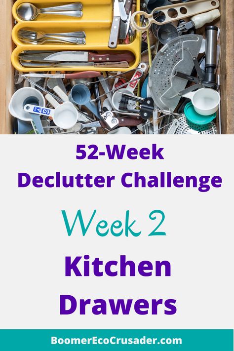 Cluttered kitchen drawer with cutlery and other utensils Weekly Declutter Challenge, 52 Week Declutter Challenge 2024, Declutter Challenge, Junk Drawer, Challenge Week, Clearing Clutter, Kitchen Drawers, Cleaning Schedule, Declutter Your Home