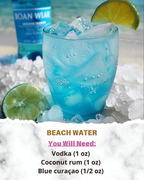 Karla's Recipes | Dive into the refreshing Beach Water cocktail | Facebook Booze Drink, Lemon Lime Soda, Drinks Alcohol, Fancy Drinks, Cocktail Ingredients, Beach Water, Blue Curacao, Coconut Rum, Ocean Water