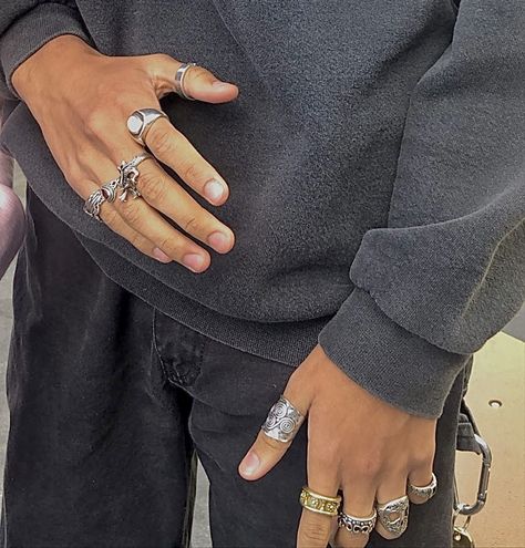 Multiple Rings On Hand Men, Men Ring Stack, Mens Chunky Rings, Guy With Rings, Masc Jewelry Aesthetic, Guys Rings Aesthetic, Masc Rings For Women, Silver Rings Aesthetic Men, Rings Masc