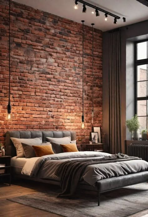 Industrial Feature Wall Ideas, Brick Wall Accent Bedroom, Bricks Bedroom, Brick Wall Interior Bedroom, Brick Wall In Bedroom, Brick Wall Bedroom Ideas, Brick Bedroom Ideas, Brick Wall Room, Bedroom Brick Wall