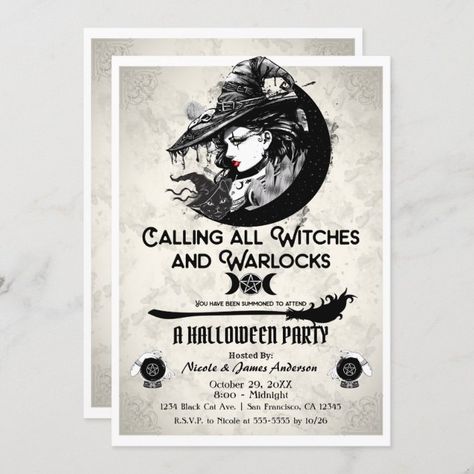 Witches & Warlocks Vintage Witch Halloween Party Invitation - halloween invitations wbg Halloween Witch Party Decor, Witches Ball Party, Witches And Warlocks Party, Witchy Invitations, Witches Feast, Witch Party Invitations, Witch Party Ideas For Adults, Witchy Weekend, Coven Party