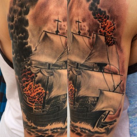 Burn the ships Sean Foy Wayne NJ Burning Ship Tattoo, Ghost Pirate Ship Tattoo, Burn The Boats Tattoos, Burn The Ship Tattoo, Ships Tattoo, Pirate Ship Waves Tattoo, Pirate Ship Leg Tattoo, Boats Tattoo, Burn The Boats