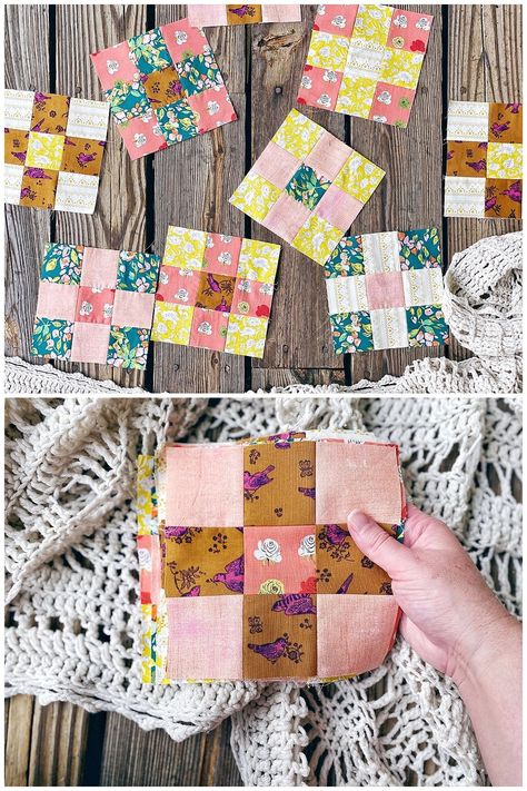 Mini Patchwork Quilt, Patch Work Sewing Projects, Small Quilt Blocks Free Pattern, Easy Quilt Blocks For Beginners, Free Easy Quilt Patterns, 9 Block Quilt, Easy Quilt Blocks, Quilting Basics, Sewing Nook