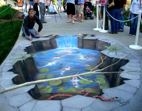 Rod Tryon Koi Pond 3D chalk pavement art 3d Sidewalk Art, Chalk Artwork, Street Chalk Art, 3d Street Painting, Illusion Kunst, Street Art Illusions, Pavement Art, 3d Chalk Art, Sidewalk Chalk Art