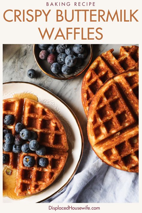 The BEST crispy buttermilk waffle recipe! Nothing fancy, just some pantry basics deliver a waffle that's crispy on the outside, soft and delicious on the inside. We love to pile them high with blueberries, drizzle with maple syrup and dust with powdered sugar. Crispy Buttermilk Waffles, Crispy Waffle Recipe Cornstarch, Best Crispy Waffle Recipe, Waffle Recipe Crispy, Crispy Waffle Recipe, Buttermilk Waffle Recipe, Buttermilk Waffle, Buttermilk Waffles Recipe, Pantry Basics