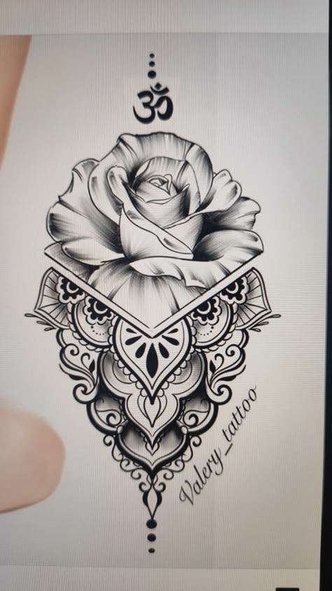 Rose With Mandala Tattoo Design, Rose Mandala Art, Mandela Tattoo Designs For Women, Rose Tattoo Ideas Female, Muslim Tattoo Ideas, Mandala Tattoo Stencil, Rose Mandala Tattoo, Maa Tattoo Designs, Back Of Thigh Tattoo