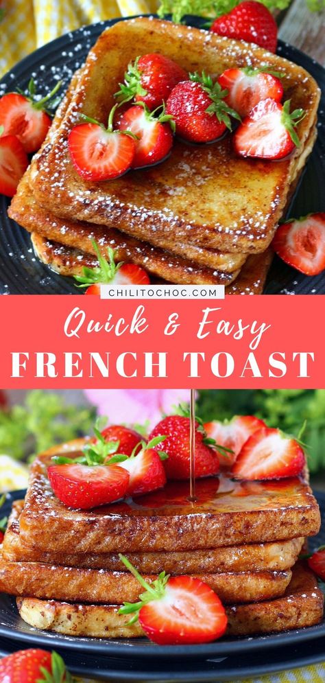 A classic French Toast recipe that uses everyday ingredients from your kitchen. It's the perfect brunch or breakfast. Also, the hint of cinnamon totally elevates this quick and easy French Toast. Full recipe on chilitochoc.com Quick French Toast, Egg Brunch Recipes, Easy French Toast, French Bread French Toast, Easy French Toast Recipe, Classic French Toast, Fancy Appetizers, Perfect Brunch, French Toast Easy