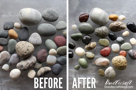 Before and After pictures of smooth beach rocks dull and dry, compared to polished with resin spray. Beach Rocks Crafts, Rock Collection Display, How To Polish Rocks, Bubbles Art, Resin Spray, Polished Rocks, Rock Identification, Rock Tumbling, Rock Tumbler