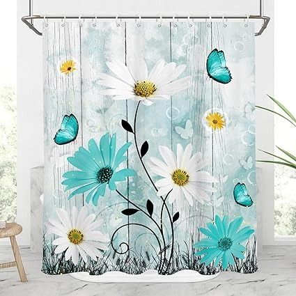 Amazon.com: AAtter Teal Floral Shower Curtain Turquoise Aqua Flowers White Daisy Rustic Country Farmhouse Butterfly Black Leaves Waterproof Polyester Home Bathroom Decor Bathtub Set with 12 Hooks, 60x72, Pretty : Home & Kitchen Floral Bathroom Decor, Butterfly Shower Curtain, Farmhouse Shower Curtain, Farmhouse Shower, Bathroom Shower Curtain Sets, Flower Shower Curtain, Floral Bathroom, Wooden Bathroom, Bathroom Decor Sets