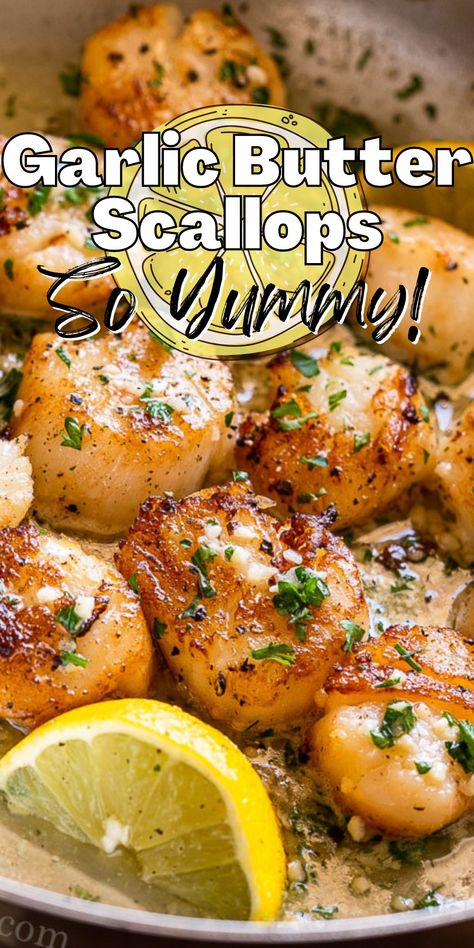 These simple Garlic Butter Scallops are pan-seared and seasoned to perfection. Serve by themselves or over freshly cooked pasta for an elegant, yet quick meal. Bay Scallops And Pasta, Steak And Scallops Recipes, How To Cook Scallops In Pan, Bay Scallop Recipes Easy, Air Fryer Scallops Recipe, Butter Scallops Recipe, Garlic Butter Scallops Recipe, Garlic Butter Scallops, Simple Garlic Butter