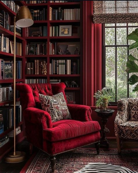 Burgundy Bookshelves, Bookstore Interior, Red Library, Room With Bookshelves, Red Bookshelf, Bookshelves Living Room, Academia House, Bookshelf Aesthetic, Library Aesthetic