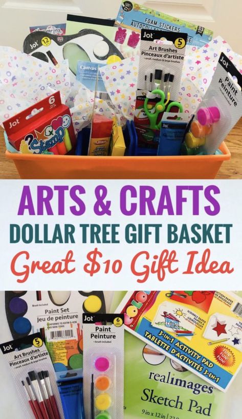 Dollar Tree Arts and Crafts Gift Basket - Use items from Dollar Tree to easily create this Arts and Crafts Gift Basket for the crafty kids in your life. Great inexpensive gift idea for kids! #dollartree #giftbaskets #giftbasketideas #giftsforkids #dollartreefinds Art Basket Gift For Adults, Arts And Crafts Raffle Basket Ideas, Art Basket Ideas, Arts And Crafts Basket Ideas, Cheap Diy Gift Basket Ideas, Arts And Crafts Gift Basket, Dollar Tree Birthday Gift Ideas, Kids Raffle Basket Ideas, Dollar Tree Arts And Crafts