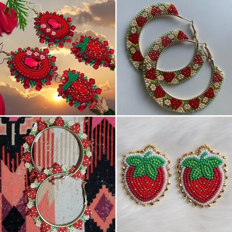 Indigenous Beading Ideas, Native Strawberry, Strawberry Beaded Earrings, Powwow Earrings, Indigenous Beaded Earrings, Indigenous Crafts, Indigenous Style, Indigenous Jewelry, Indigenous Beadwork