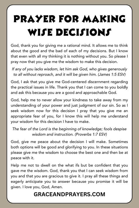 At the heart of every decision is the opportunity for growth and alignment with God's plan. Start this journey with a prayer for wisdom, asking for His light to guide your steps.  This prayer can be your foundation, helping you to choose paths that lead to spiritual growth and fulfillment, grounded in His eternal wisdom.  Discover more prayers for making wise decisions and living a life led by faith. Explore at Grace and Prayers. Prayer Schedule, Prayers For Direction, Divine Knowledge, Business Prayer, Financial Prayers, Angel Meditation, Prayer For Wisdom, Catholic Aesthetic, Prayer Inspiration