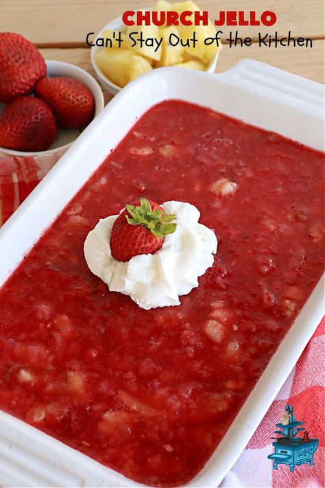 Strawberry Banana Jello Salad, Strawberry Applesauce Jello, Strawberry Congealed Salad Recipes, Strawberry Pineapple Jello Salad, Jello With Fruit Recipe, Easy Jello Salads, Church Salad Recipes, Strawberry Jello Salads, Jello Salad Recipes Easy