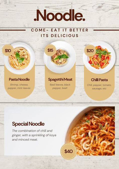 Professional design for a business, whether it’s a small start up or a large corporation. We create product ads, flyers and other branding materials that help engage your customers and boost sales. Pasta Menu Design, Chilli Pasta, Pasta Menu, Pasta Restaurants, Product Ads, Restaurant Flyer, Font Combos, Minced Meat, Shrimp Pasta