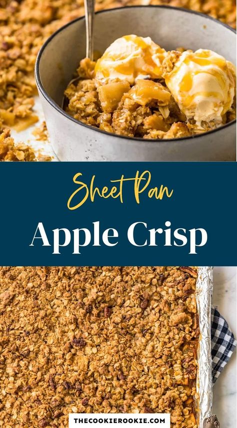 This delicious sheet pan apple crisp recipe is easy to make and perfect for feeding a crowd. Made in a sheet pan, this fruit crisp is a meant to be served with ice cream! it's the perfect dessert for the cool days of fall and Thanksgiving. #applecrisp #Thanksgivingdessert #grannysmithapple #sheetpandessert #appledessert Sheet Pan Apple Crisp, Delicious Apple Crisp, Best Apple Crisp, Apple Crisp Recipe, The Cookie Rookie, Yummy Fall Recipes, Homemade Recipes Dessert, Cookie Rookie, Fruit Crisp