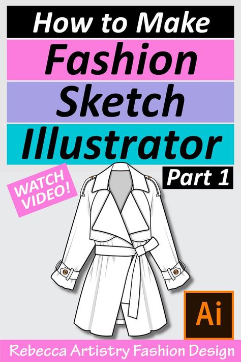 How to make a fashion sketch Illustrator. Watch video! Belted jacket black and white flat sketch. Adobe Illustrator logo. Rebecca Artistry Fashion Design Flat Sketches Fashion Adobe Illustrator, Digital Fashion Illustration Sketches, Adobe Illustrator Fashion Design, Flat Sketches Fashion, Adobe Hacks, Fashion Illustration Portfolio, Illustrator Fashion, Sketches Fashion, Fashion Portfolio Layout