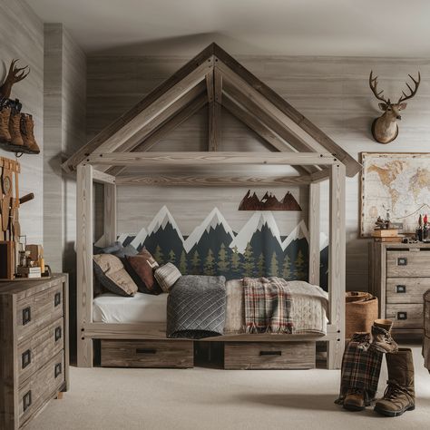 64 Boy Bedroom Ideas - Creative Designs for Every Age Boys Forest Bedroom, Boys Adventure Bedroom Ideas, Western Toddler Room, Boys Outdoor Theme Bedroom, Adventure Bedroom Ideas, Outdoor Theme Bedroom, Boys Room Theme, Boy Bedroom Designs, Hunter Bedroom