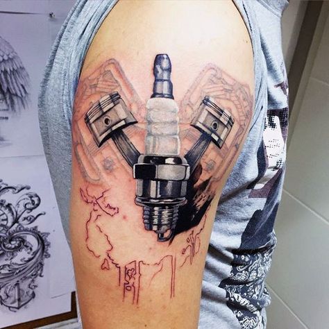 Mens Upper Arms Engine Tattoo Diesel Mechanics Tattoo, Piston Tattoo, Auto Tattoo, Hot Rod Tattoo, Engine Tattoo, Motorcycle Tattoo, Motor Tattoo, Zombie Face, Mechanic Tattoo