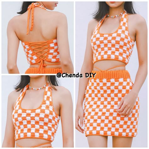 Chenda Diy, Crop Top Tutorial, Crochet Patchwork Blanket, Checkered Crochet, Crochet Checkered, Checkered Crop Top, Easy Crochet Hat Patterns, Crochet Blouse Pattern, Easy Crochet Hat