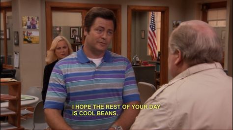 "I hope the rest of your day is cool beans." Ronald Swanson, Parks and Recreation Funny Parks And Rec Quotes, Parks And Recreation Quotes, Comedy Lines, Parks And Rec Memes, Parcs And Rec, Parks And Rec Quotes, Tom Haverford, Parks And Recs, Letterboard Quotes