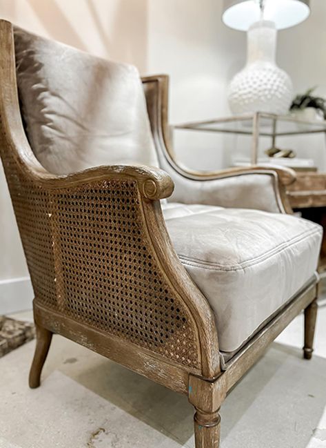 <p>Offer some stylish and comfortable seating to your home with our <strong>French Country Farmhouse Cushioned Armchair</strong>. This sophisticated chair looks as if it came from an estate sale, with its aged finish and perfect design. This armchair has a color scheme that will fit in well with almost any style of decor, and the cushions make it a comfortable sitting spot for your den or bedroom!</p> Keeping Room Chairs, Chester County Farmhouse, French Cottage Farmhouse Decor, French Country Boho Living Room, Noah Furniture, Small Sitting Area In Kitchen, Farmhouse Living Room Chairs, Cozy Fireplace Seating, Sitting Area In Kitchen