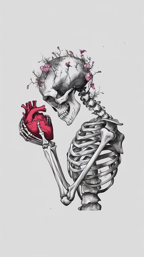 Bones Heart Tattoo, Aesthetic Bones Drawing, Mr Bones Skeleton, Skeleton Art With Flowers, Skeleton And Flowers Drawing, X Ray Painting, Unique Skull Drawing, Skeleton Flower Drawing, Black White Art Drawing