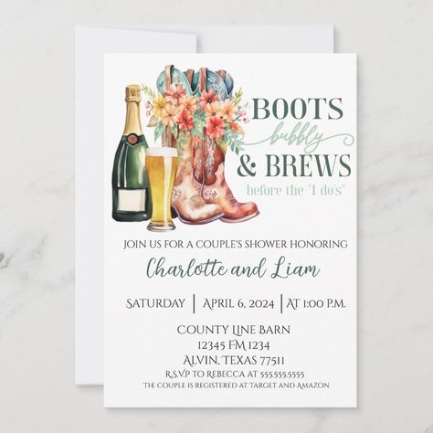 Western Couples Shower Ideas, Couple Shower Ideas Themes, Bubbles And Brews Engagement Party, Boots And Bubbly Bridal Shower Ideas, Stock The Bar Party Ideas, Engagement Party Themes, Couples Bridal Shower, Couple Wedding Shower, Bachelorette Ideas