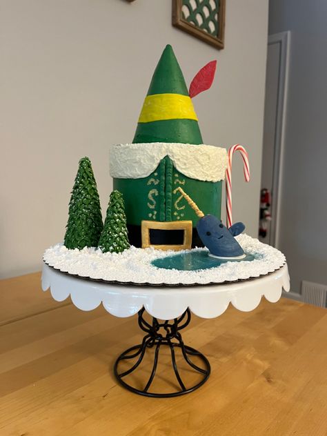 Buddy The Elf Birthday Cake, Christmas Present Cake Ideas, Buddy The Elf Cake Ideas, Elf Cake Ideas, Grinch Birthday Cakes, Buddy The Elf Cake, Grinch Christmas Cake, Christmas Present Cake, Elf Cake