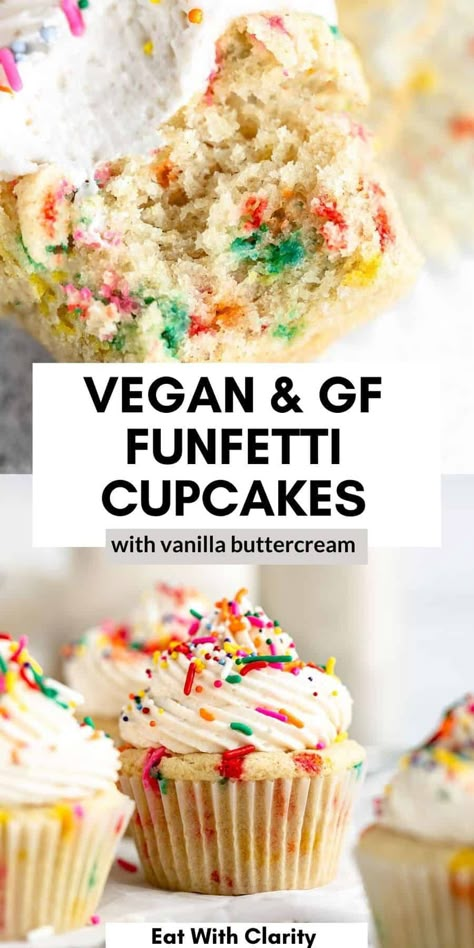 These vegan and gluten free vanilla funfetti cupcakes are moist, easy to make and made in just one bowl! With a light and fluffy texture and topped with vegan vanilla buttercream. Gluten Free Egg Free Cupcakes, Gluten Free Dairy Free Funfetti Cake, Gluten Free And Vegan Cupcakes, Allergy Free Cupcakes, Vegan Gf Cupcakes, Gluten Free Funfetti Cupcakes, Vegan Funfetti Cupcakes, Gf Df Cupcakes, Gluten And Dairy Free Cupcakes