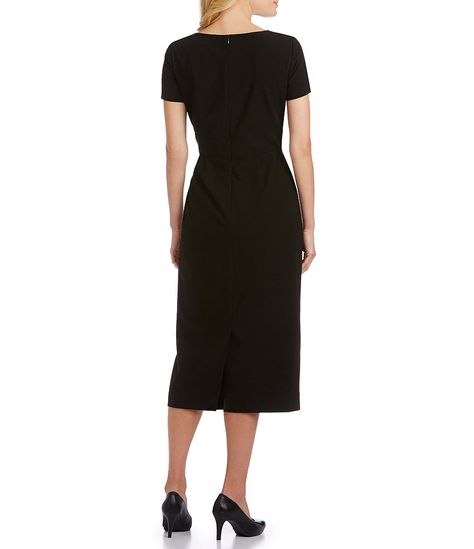 Preston Black Short Sleeve V-neck Dress For Work, Summer Sheath V-neck Dress For Work, Formal Work Dresses, Knee-length Houndstooth Work Dresses, Fitted Sheath V-neck Workwear Dress, Black V-neck Midi Dress With Button Closure, Korean Fashion Casual, French Girl Style, Office Dresses